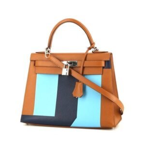 Hermès Kelly 28 cm Letter S handbag in gold and dark blue epsom leather and light blue Mysore leather