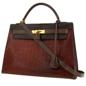 Hermès Kelly 32 cm handbag in brown, etoupe and cognac tricolor alligator