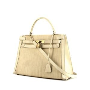 Hermes Kelly 32 cm handbag in cream color box leather and beige hair