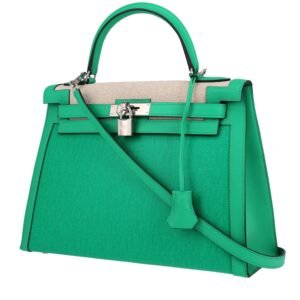 Hermès Kelly 32 cm handbag in green and beige "H" canvas and green leather