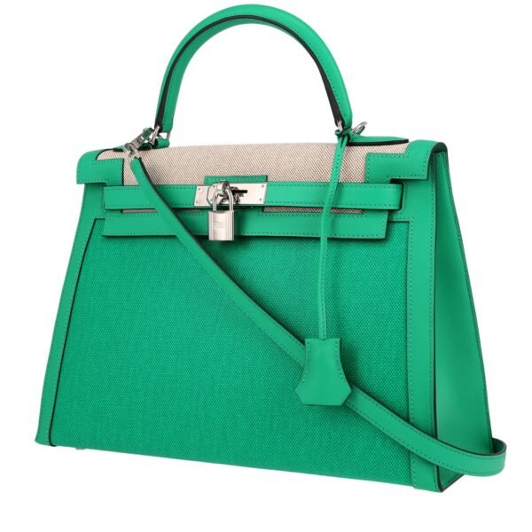 Hermès Kelly 32 cm handbag in green and beige "H" canvas and green leather