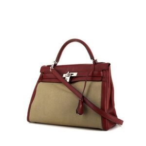 Hermes Kelly 32 cm handbag in red H Swift leather and khaki canvas
