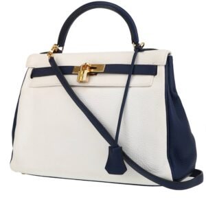 Hermès Kelly 32 cm handbag in white and blue togo leather