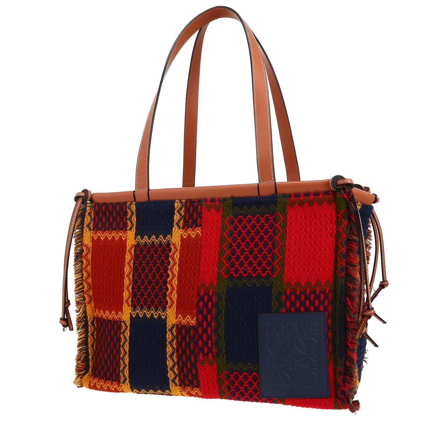 Loewe Cushion shopping bag in red and blue Tartan woollen fabric and brown leather