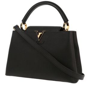 Louis Vuitton Capucines MM handbag in black leather taurillon clémence and pink piping