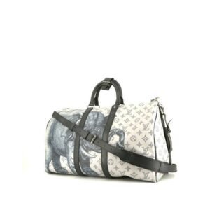 Louis Vuitton Keepall 55 cm Chapman Brothers travel bag in off-white and navy blue monogram canvas and navy blue leather