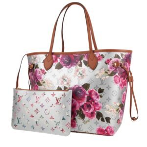 Louis Vuitton Neverfull Editions Limitées shopping bag Garden Flower Roses in silver monogram canvas and brown leather
