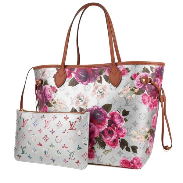 Louis Vuitton Neverfull Editions Limitées shopping bag Garden Flower Roses in silver monogram canvas and brown leather