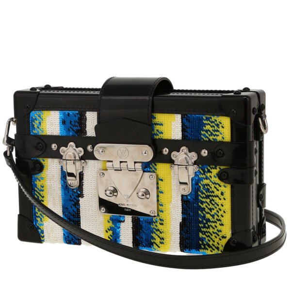 Louis Vuitton Petite Malle clutch in black, blue, white and yellow paillette and black patent leather
