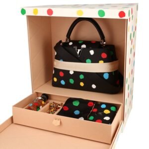 Louis Vuitton X Yayoi Kusama set containing a Capucines bag, "Attrape-rêves" perfume, necklace, scarf and wallet.