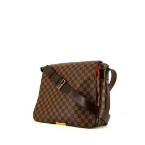 Shoulder bag in ebene damier canvas and brown leather
