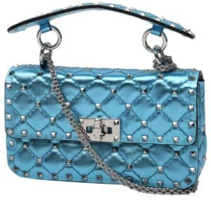 Valentino Garavani Rockstud mini shoulder bag in metallic blue quilted leather