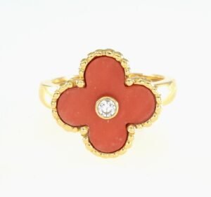 VAN CLEEF &ARPELS RED CORAL Diamond 18K Yellow Gold Ring VCA – R10968