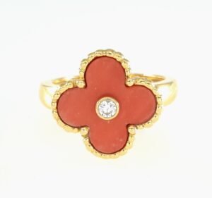VAN CLEEF &ARPELS RED CORAL Diamond 18K Yellow Gold Ring VCA – R10968