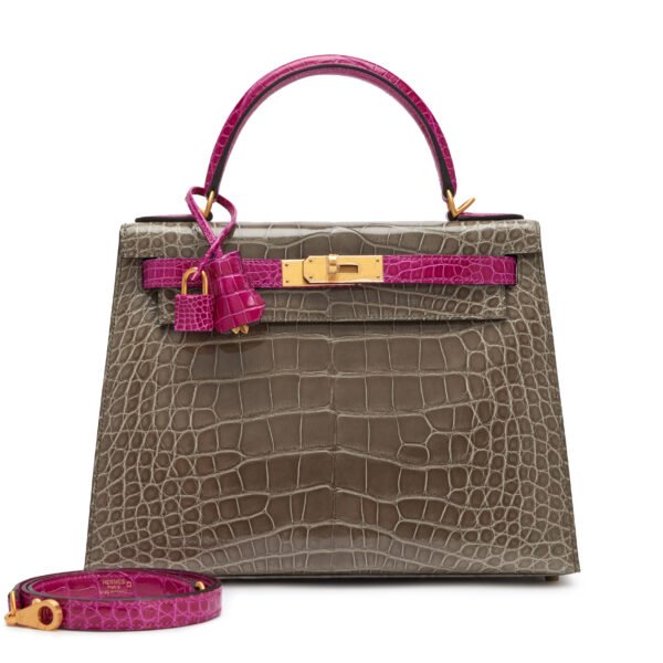 Hermès Gris Tourterelle and Rose Mexico Shiny Alligator HSS Sellier Kelly 28 Brushed Gold Hardware, 2020