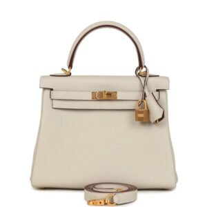 Hermes Special Order (HSS) Kelly Retourne 25 Craie Verso Togo Brushed Gold Hardware